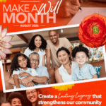 Promotional graphic for YWCA Southeastern Massachusetts for "Make a Will Month" in August 2026. The top section features text reading "eliminating racism, empowering women / YWCA Southeastern Massachusetts" and large bold text "MAKE A Will MONTH — AUGUST 2026 —" with an image of a hand signing a document with a pen. The middle section shows a framed photo of a smiling, diverse multi-generational family indoors. The bottom section shows a photo of another happy family alongside text that reads: "Create a Lasting Legacy that strengthens our community for future generations." Bright floral accents frame the edges of the image on a textured red-orange background.