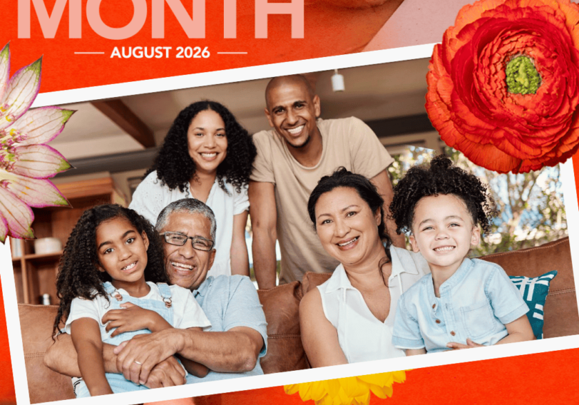 Promotional graphic for YWCA Southeastern Massachusetts for "Make a Will Month" in August 2026. The top section features text reading "eliminating racism, empowering women / YWCA Southeastern Massachusetts" and large bold text "MAKE A Will MONTH — AUGUST 2026 —" with an image of a hand signing a document with a pen. The middle section shows a framed photo of a smiling, diverse multi-generational family indoors. The bottom section shows a photo of another happy family alongside text that reads: "Create a Lasting Legacy that strengthens our community for future generations." Bright floral accents frame the edges of the image on a textured red-orange background.