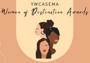 YWCASEMA Women of Distinction Awards illustration of three women of different ethnicities on pink abstract background